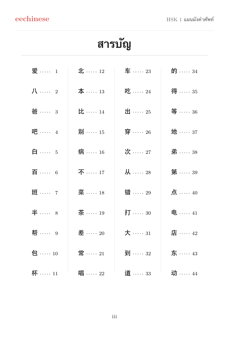 HSK 1 สารบัญแบบคลิกได้