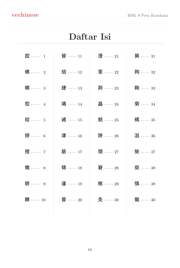 Kosakata Bahasa Mandarin HSK 8 — PDF Bahasa Indonesia Daftar isi interaktif