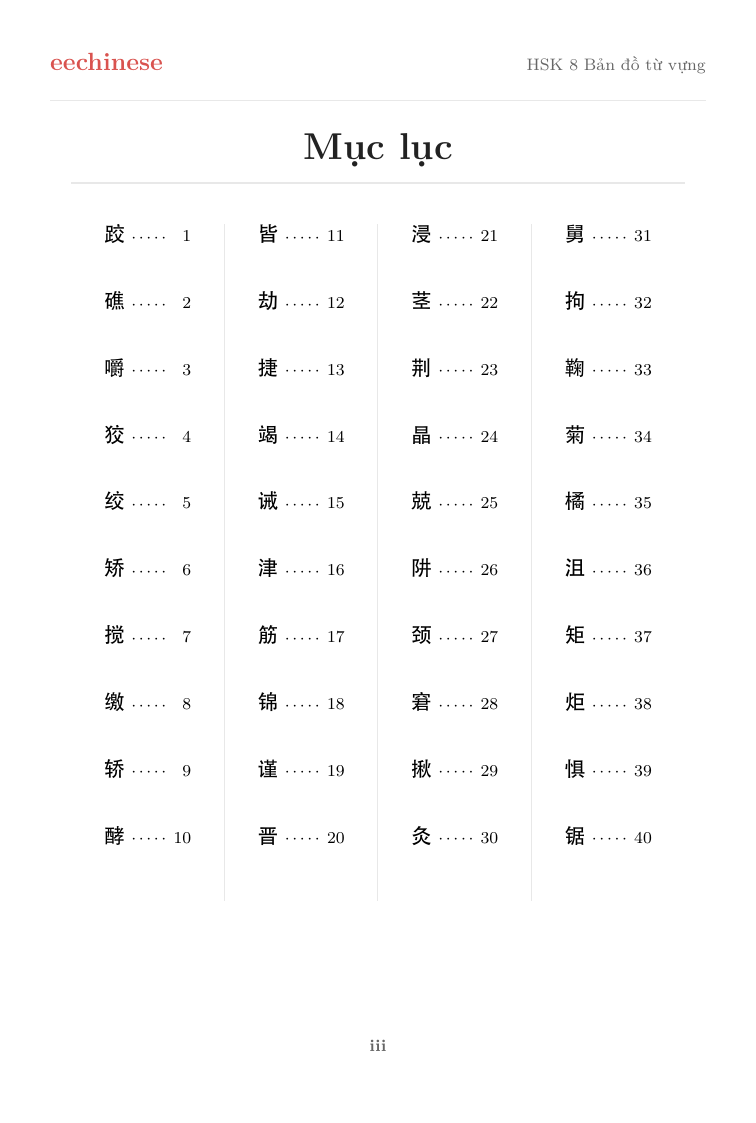 Từ vựng tiếng Trung HSK 8 — PDF tiếng Việt Mục lục tương tác